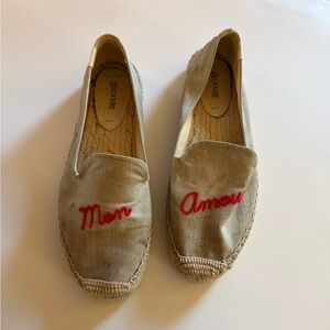 Soludos Beige Espadrilles with Red Script
